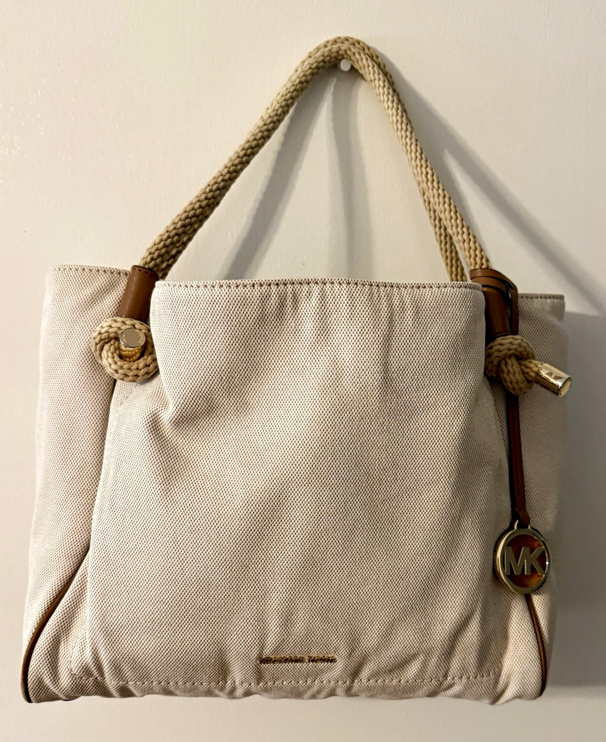 Michael Kors Beige Tote w/ Rope Double Handles, Magnetic Closure, Logo Charm