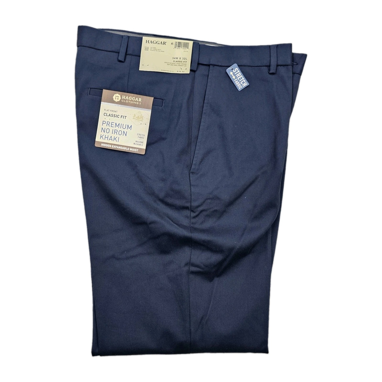 Haggar Mens 34x32 Classic Fit Flat Front Navy Blue Khaki Pants Expandable Waist