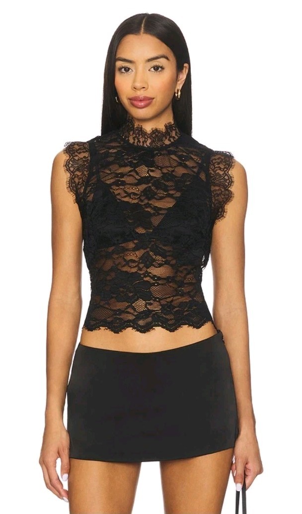 Superdown Laura Lace Top NWT Black Mock Neck Sleeveless Sheer Cropped Revolve M