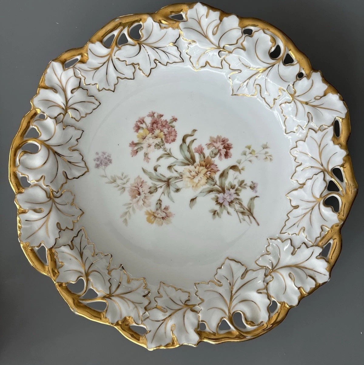 Large Antique Carl Tielsch 12.5 Reticulated Plate Hand Painted Floral Gold Trim