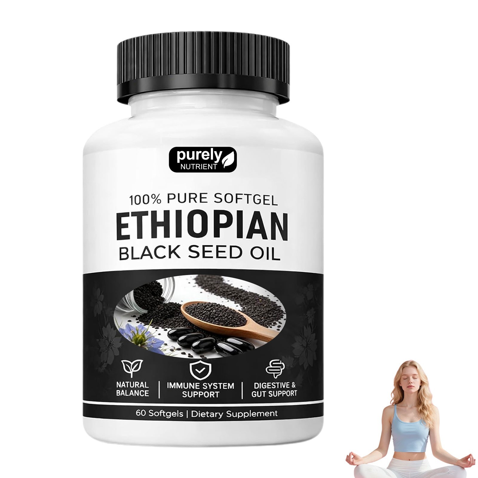 Purely Nutrient Ethiopian Black Seed Oil Capsules 4.64% Thymoquinone 60 Count