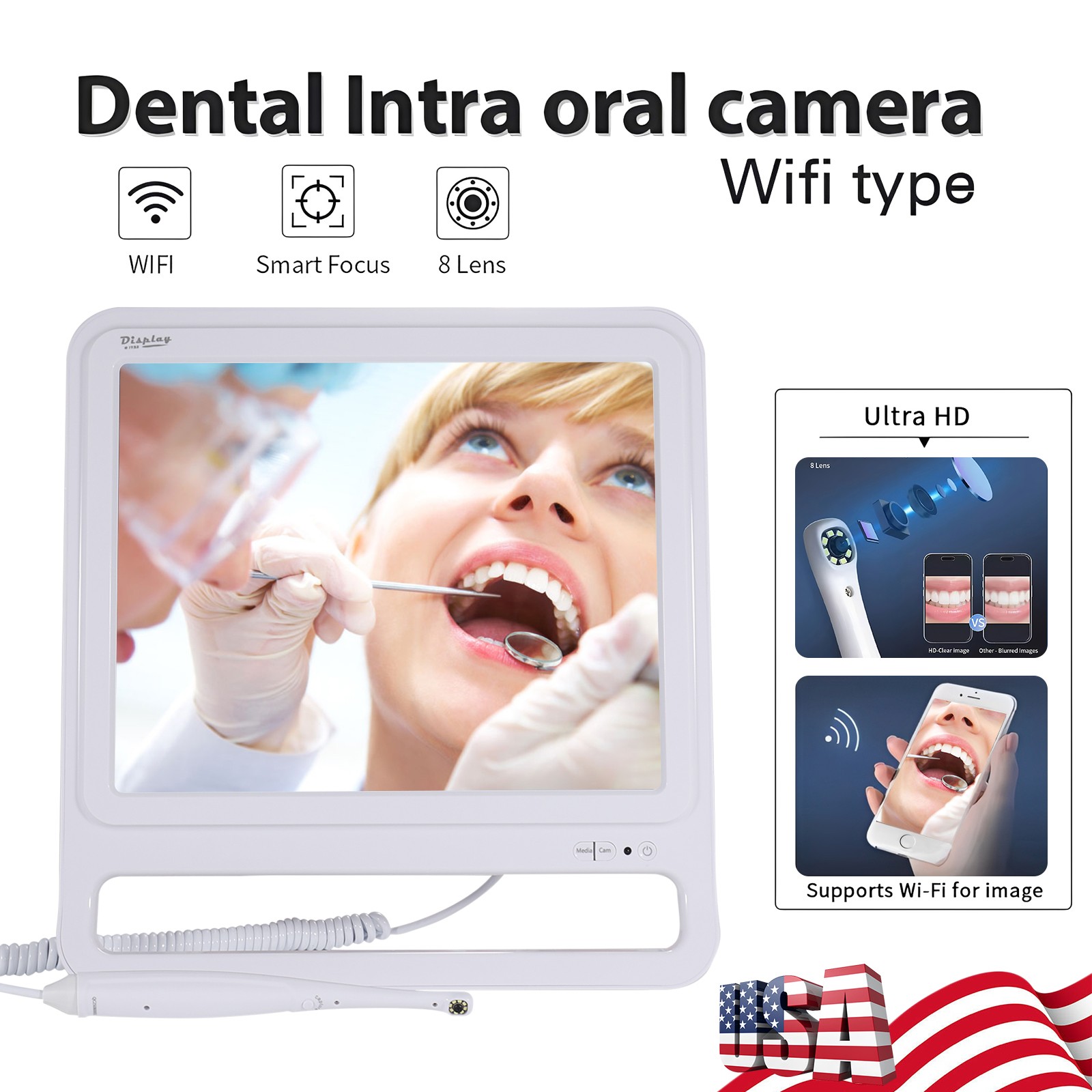 Dental Intra Oral Camera with Monitor WIFI Digital USB Endoscope Include Bracket