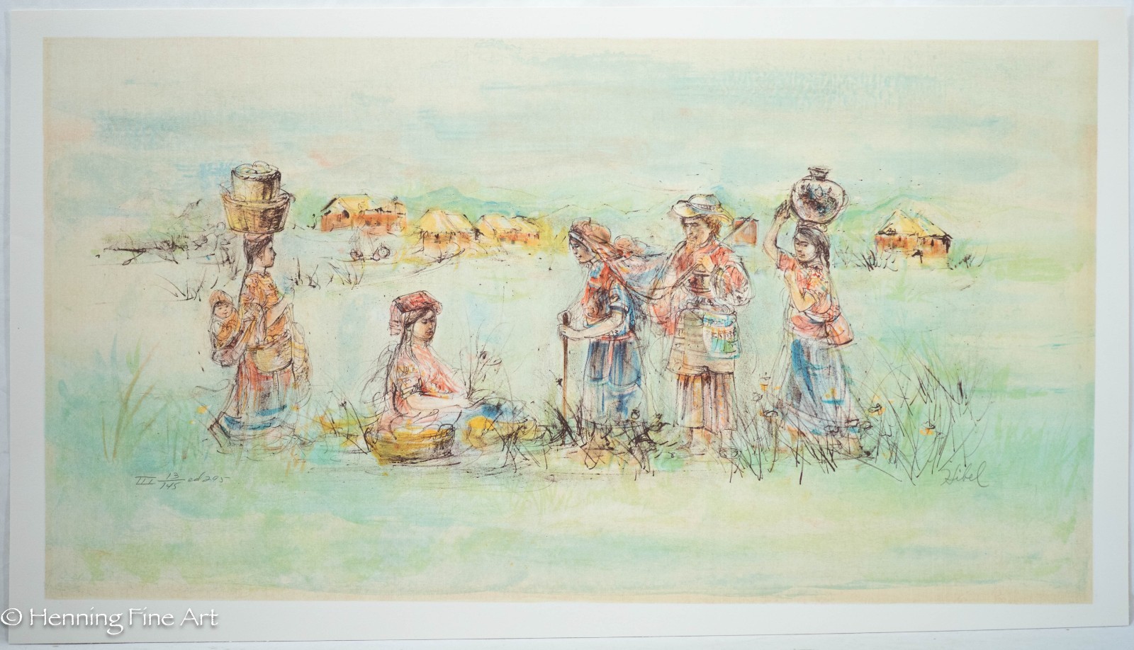 Rare Edna Hibel Lithograph Guatemala Scene Women Harvesting 14.5x26\