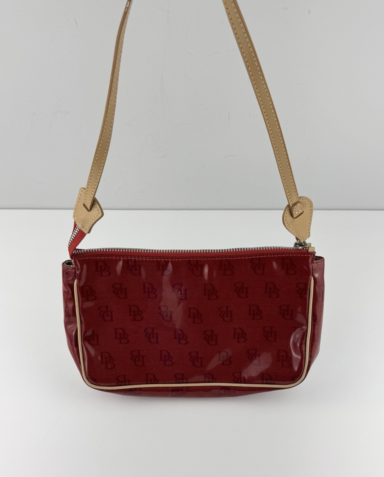 Authentic Dooney & Bourke Monogram Canvas & Leather Red Mini Shoulder Bag Authentic Dooney & Bourke Monogram Canvas & Leather Red Mini Shoulder Bag