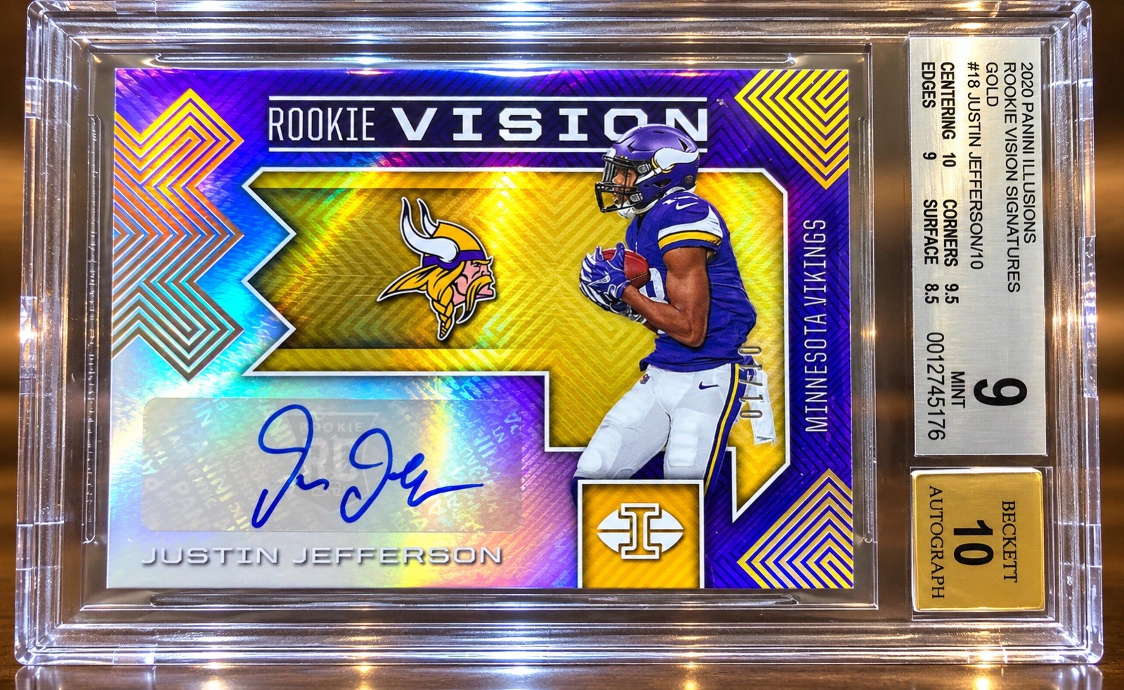 2020 Panini Illusions Justin Jefferson Auto Gold 1/10 BGS 9 AUTO 10 RC 2020 Panini Illusions Justin Jefferson Auto Gold 1/10 BGS 9 AUTO 10 RC