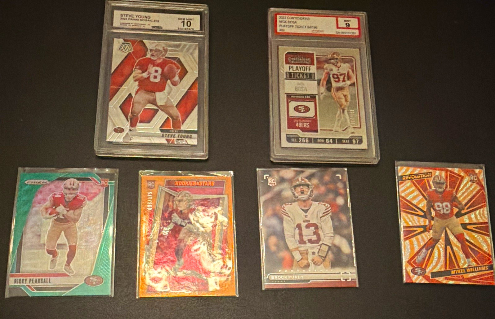 49ers football card lot 6: inc, 2 graded, /175, Ricky Pearsall, 2 rookie cards.