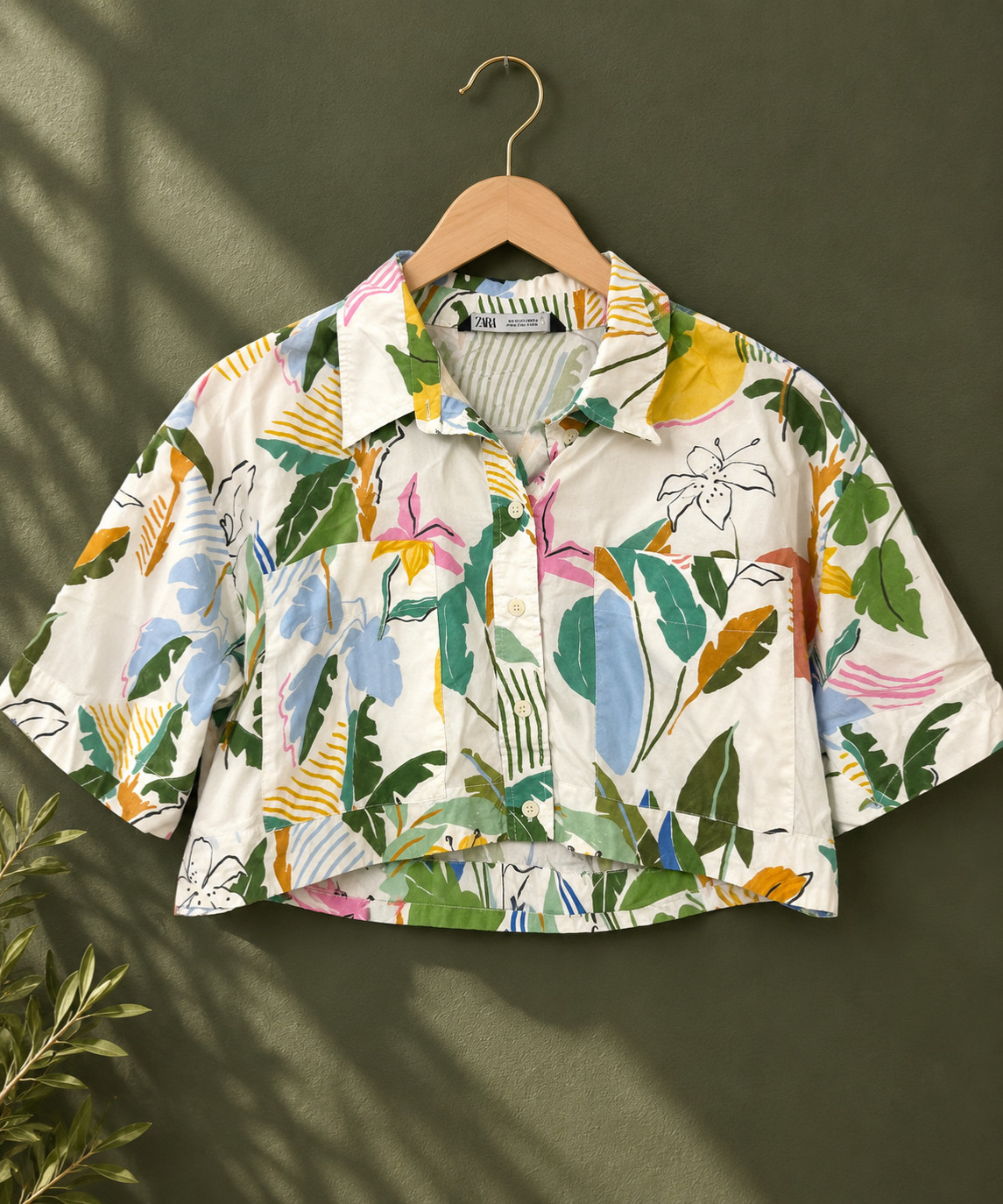 ZARA Women’s Floral Print Cropped Button Up Shirt Short Sleeve White Yellow