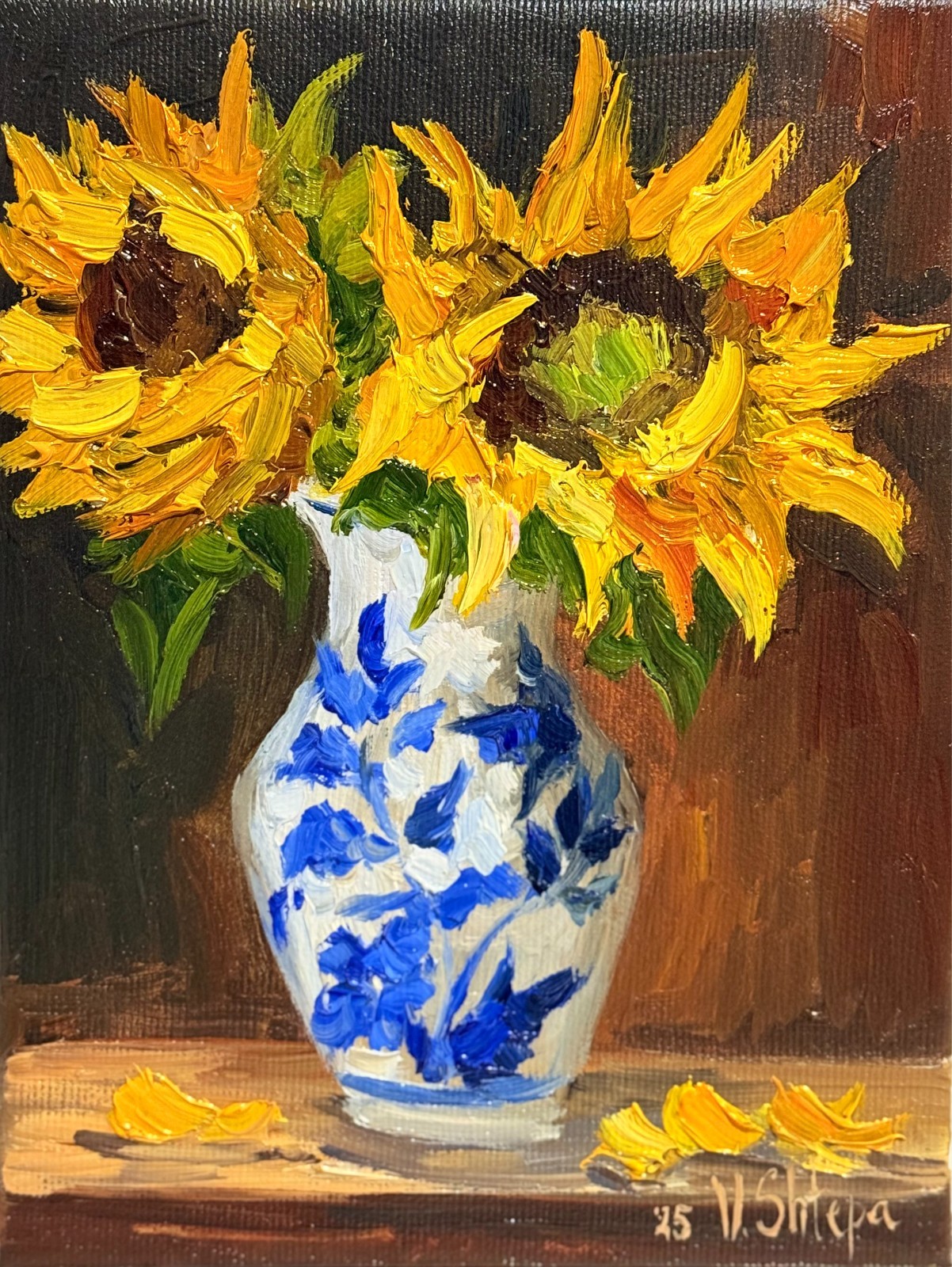 Sunflowers Oil Painting Original Art Impasto Flower Still Life Vintage Vase 8x6\