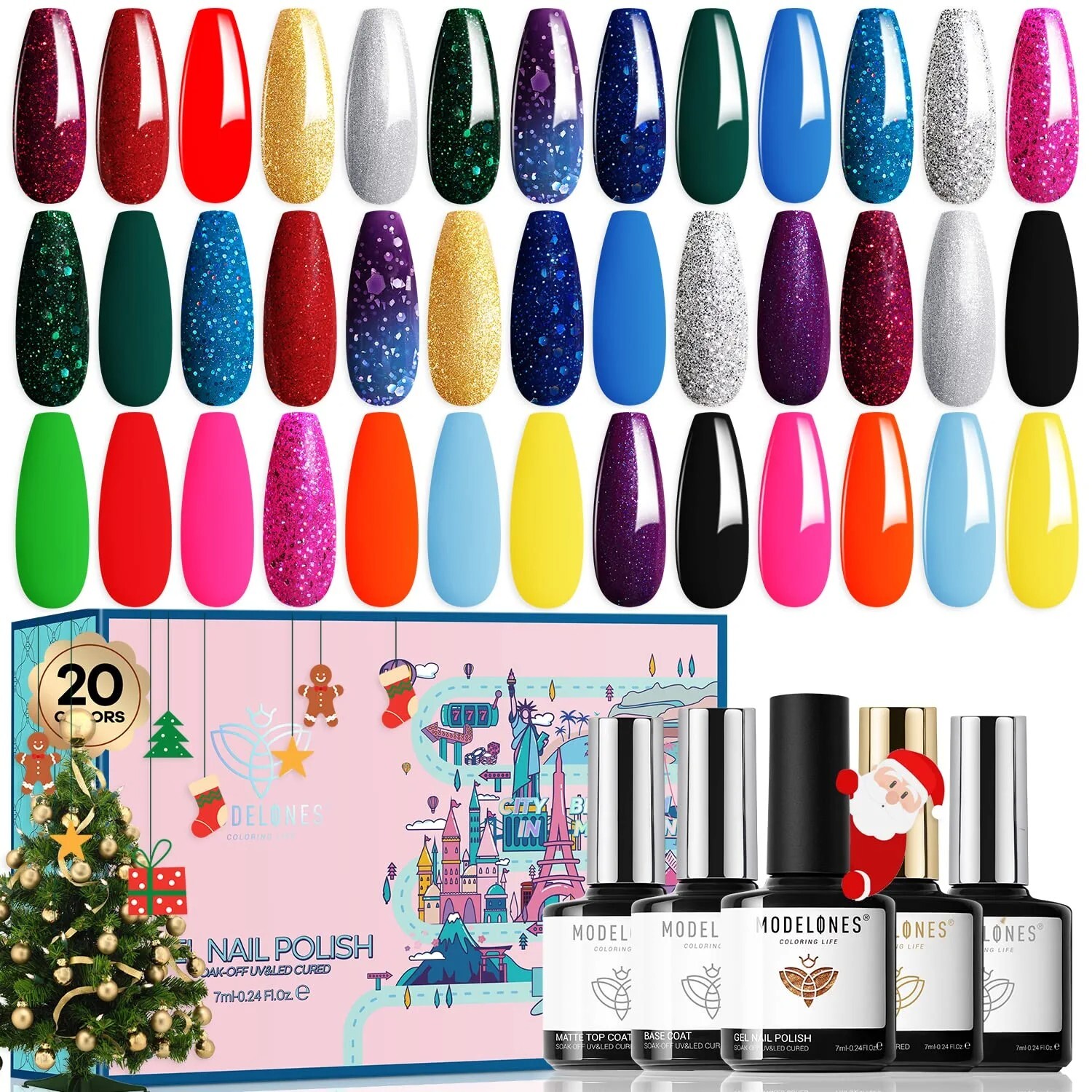 Modelones 20 Colors Gel Nail Polish Kit,24 Pcs Red Gold Glitter Christmas New 