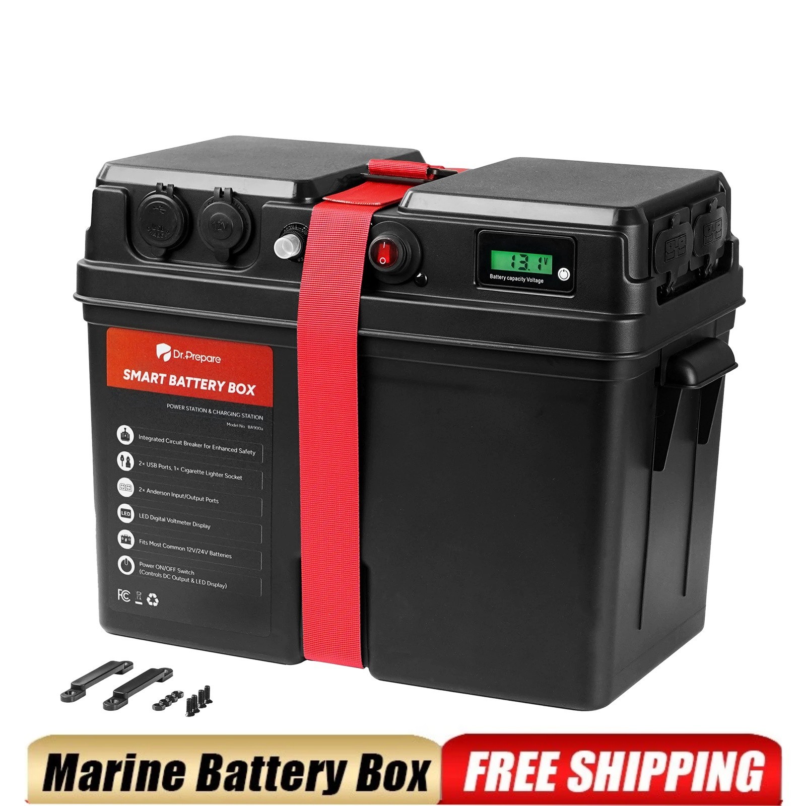 Dr. Prepare Smart Battery Box with USB, 12V/24V Cigarette Lighter, and Anderson