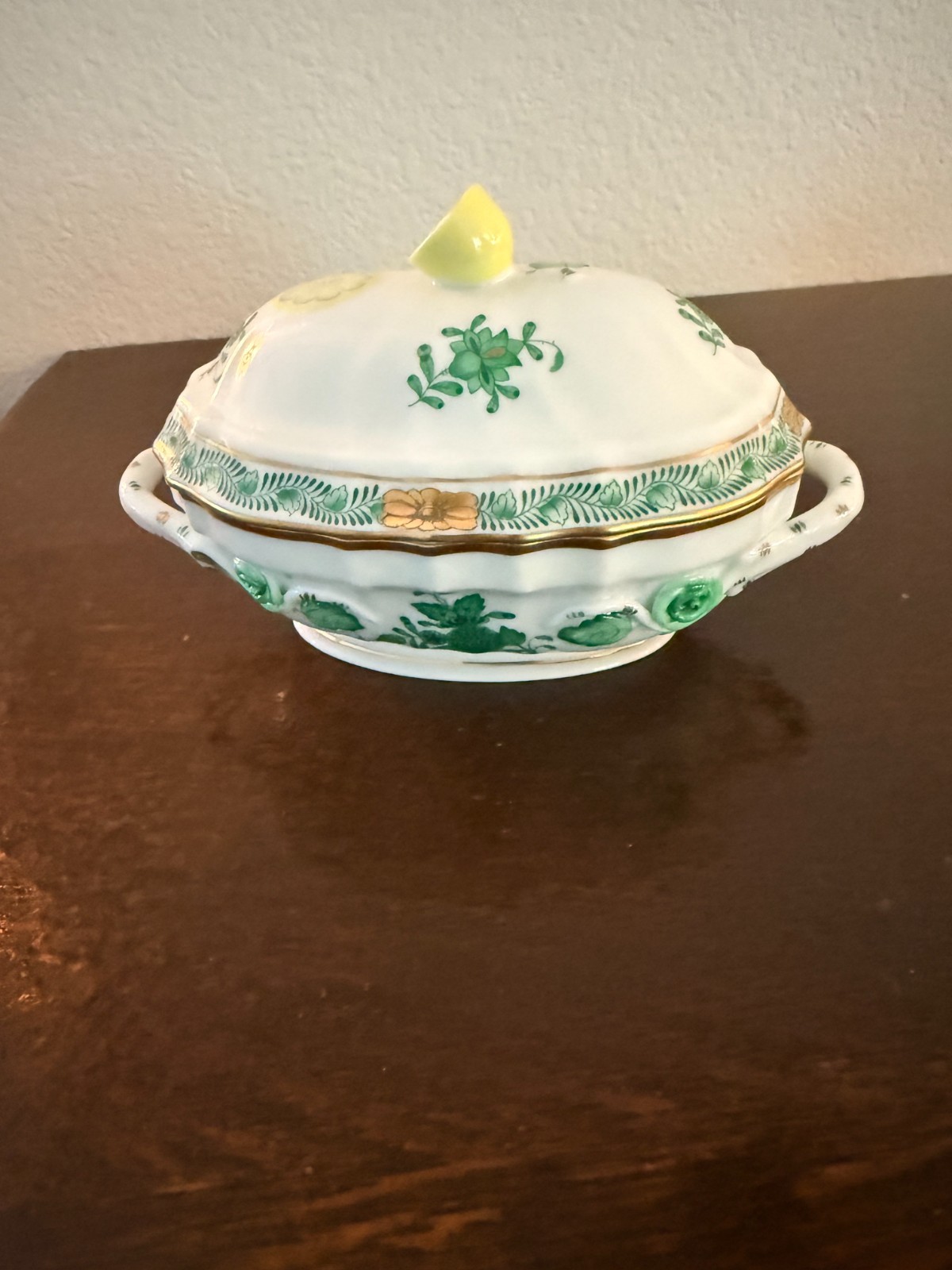 Herend Apponyi Green Chinese Bouquet Mini Tureen Lemon Finial 24K Gold 1994 AV