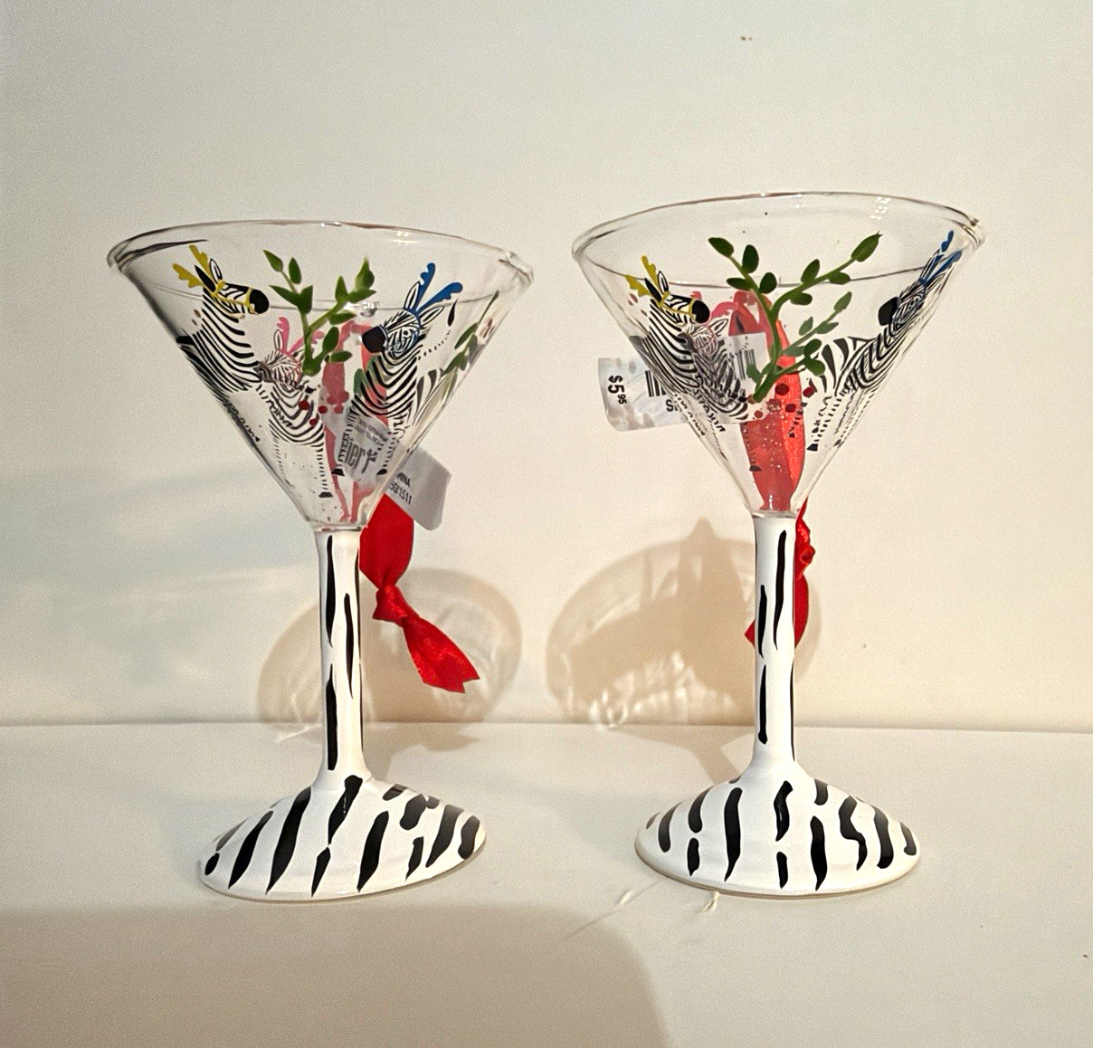 Pier 1 Zebra Print Christmas Martini Glass ornaments Set of 2