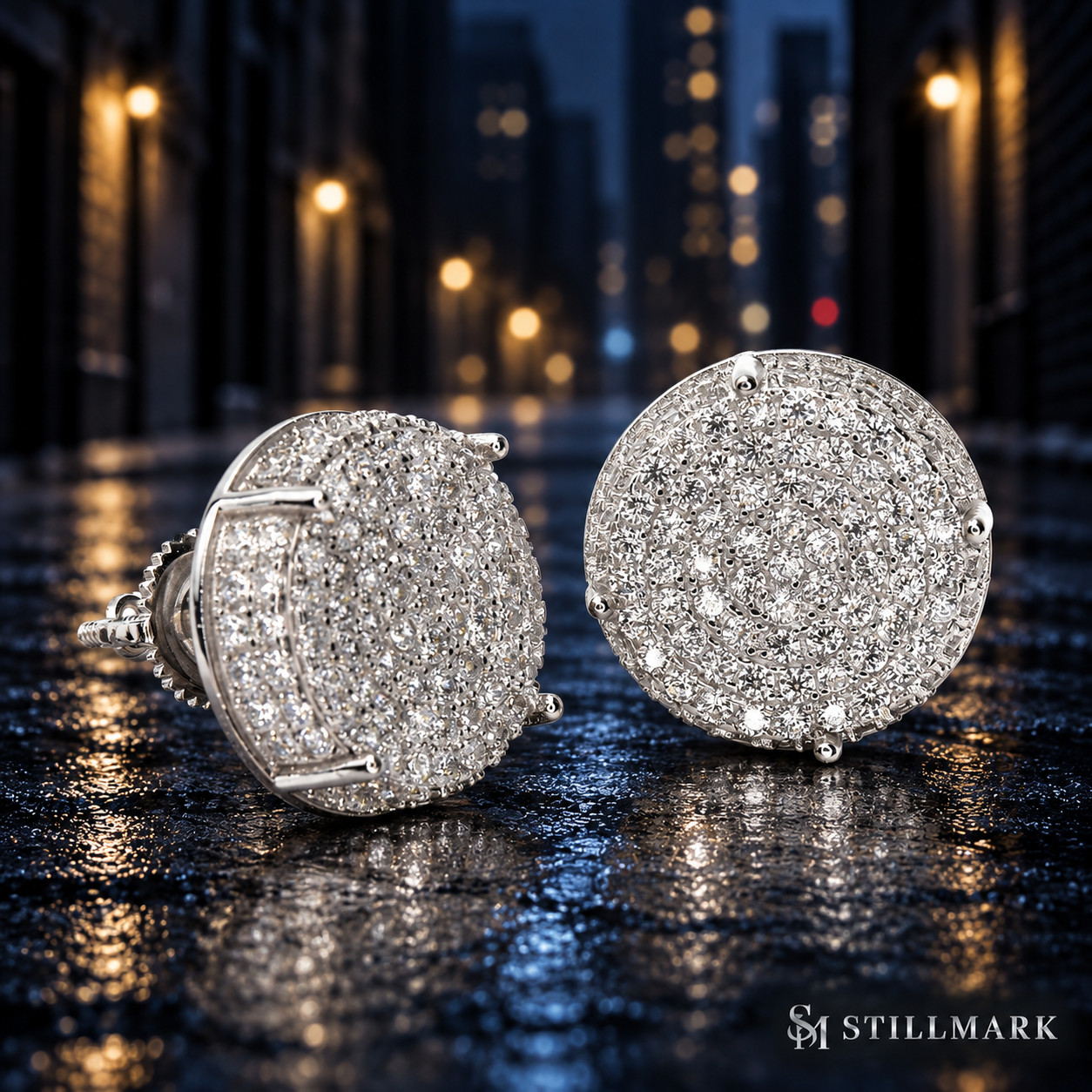 Men\'s Iced Hip Hop Luxury Rh Plated XL Round Screw Back Stud Earrings BE 11403 S