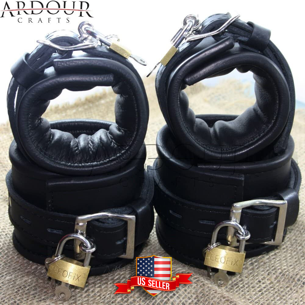 Real Cow Hide Leather Wrist Ankle Cuffs Restraints Bondage 4 Pieces Set