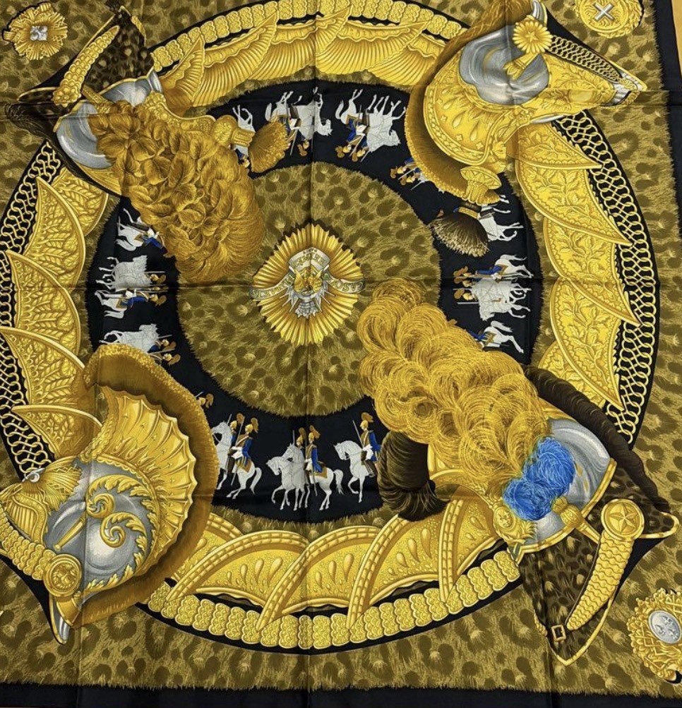 Hermès Carré 90 Casques et Plumets Silk Scarf Gold 1989