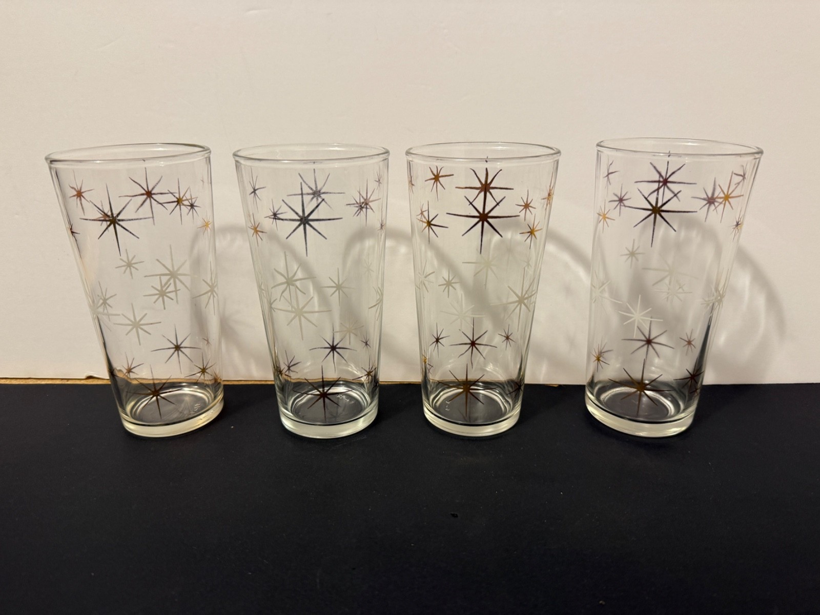 Vintage MCM Atomic Starburst Highball Glasses Gold White Set of 4 Retro Barware