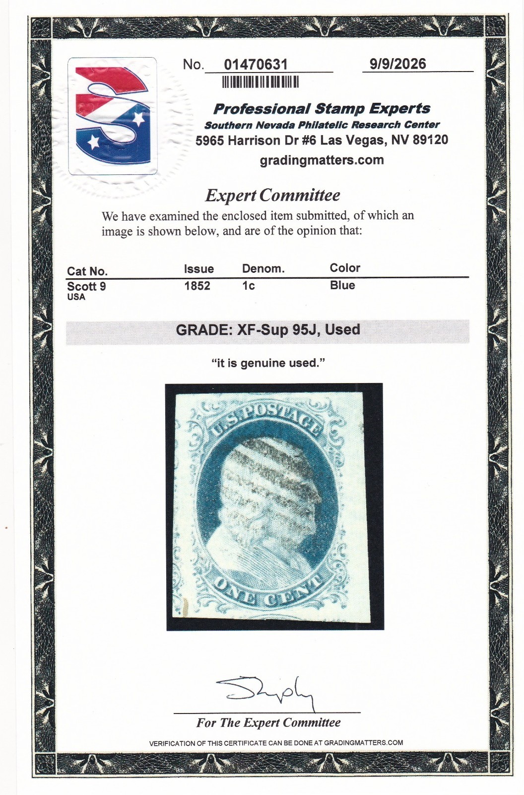 1852 1 Cent Blue Sc9 Type IV Grade XF-Sup 95J Used PSE No.01470631