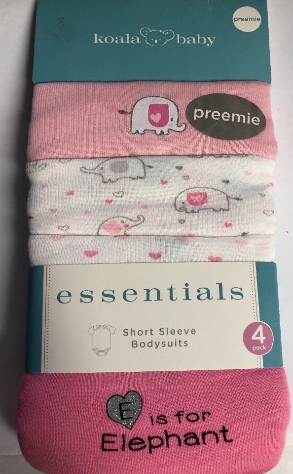 NEW 4PK KOALA BABY ESSENTIALS SHORT SLEEVE BODYSUITS WITH ELEPHANTS SZ NEWBORN NEW 4PK KOALA BABY ESSENTIALS SHORT SLEEVE BODYSUITS WITH ELEPHANTS SZ NEWBORN