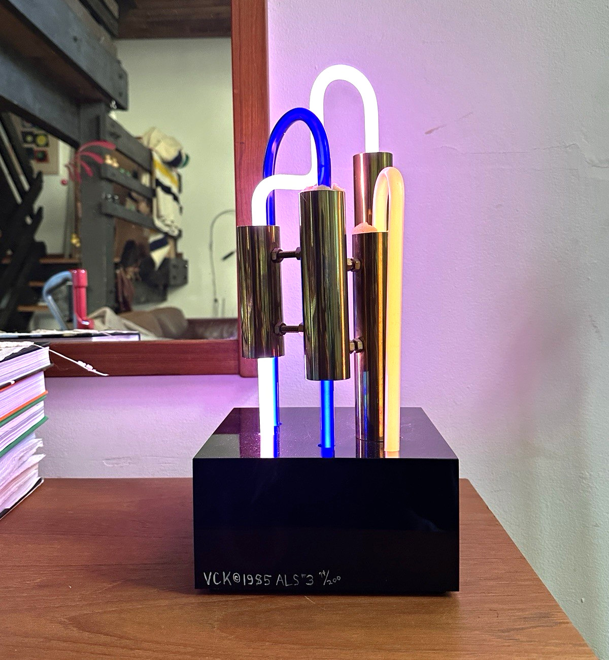 Vintage 1980s Post Modern Neon And Brass Light Sculpture Signed Vintage 1980s Post Modern Neon And Brass Light Sculpture Signed