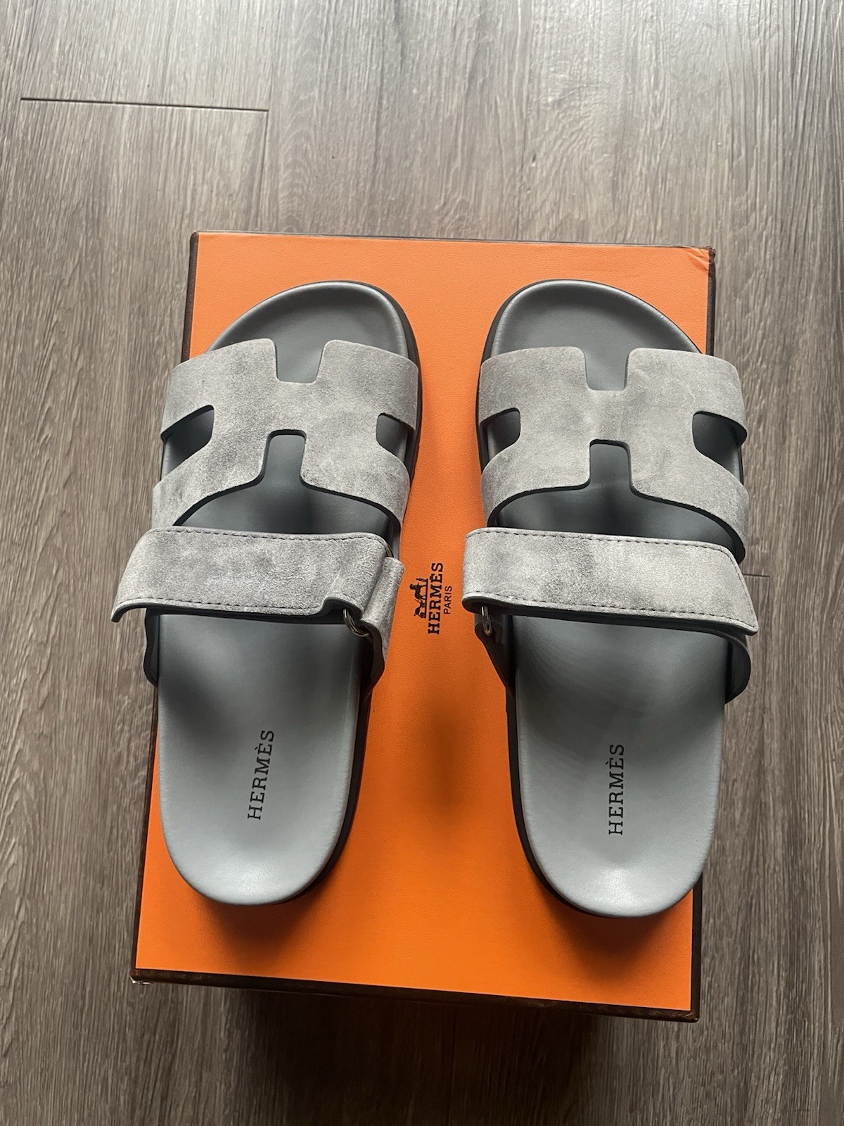 Hermes Oran grey suede slides Hermes Oran grey suede slides