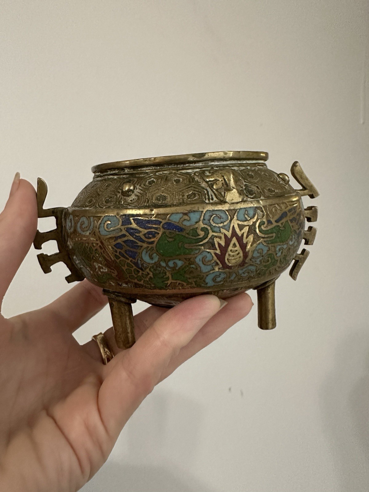 Vintage Asian Bronze Enamel Old Incense Pot