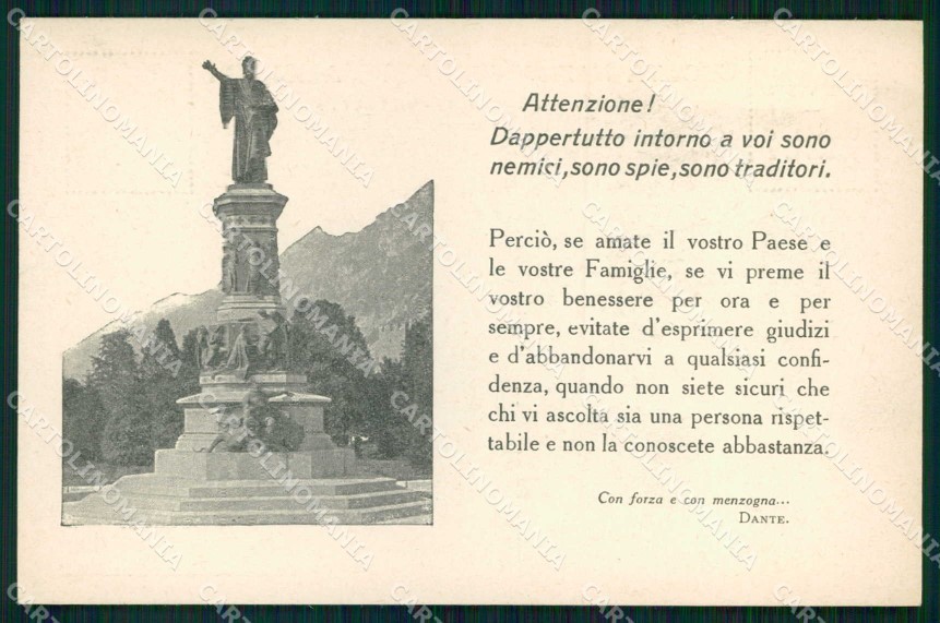 WWI WW1 Patriotism Trento Monument Dante Milan postcard KF4937 WWI WW1 Patriotism Trento Monument Dante Milan postcard KF4937