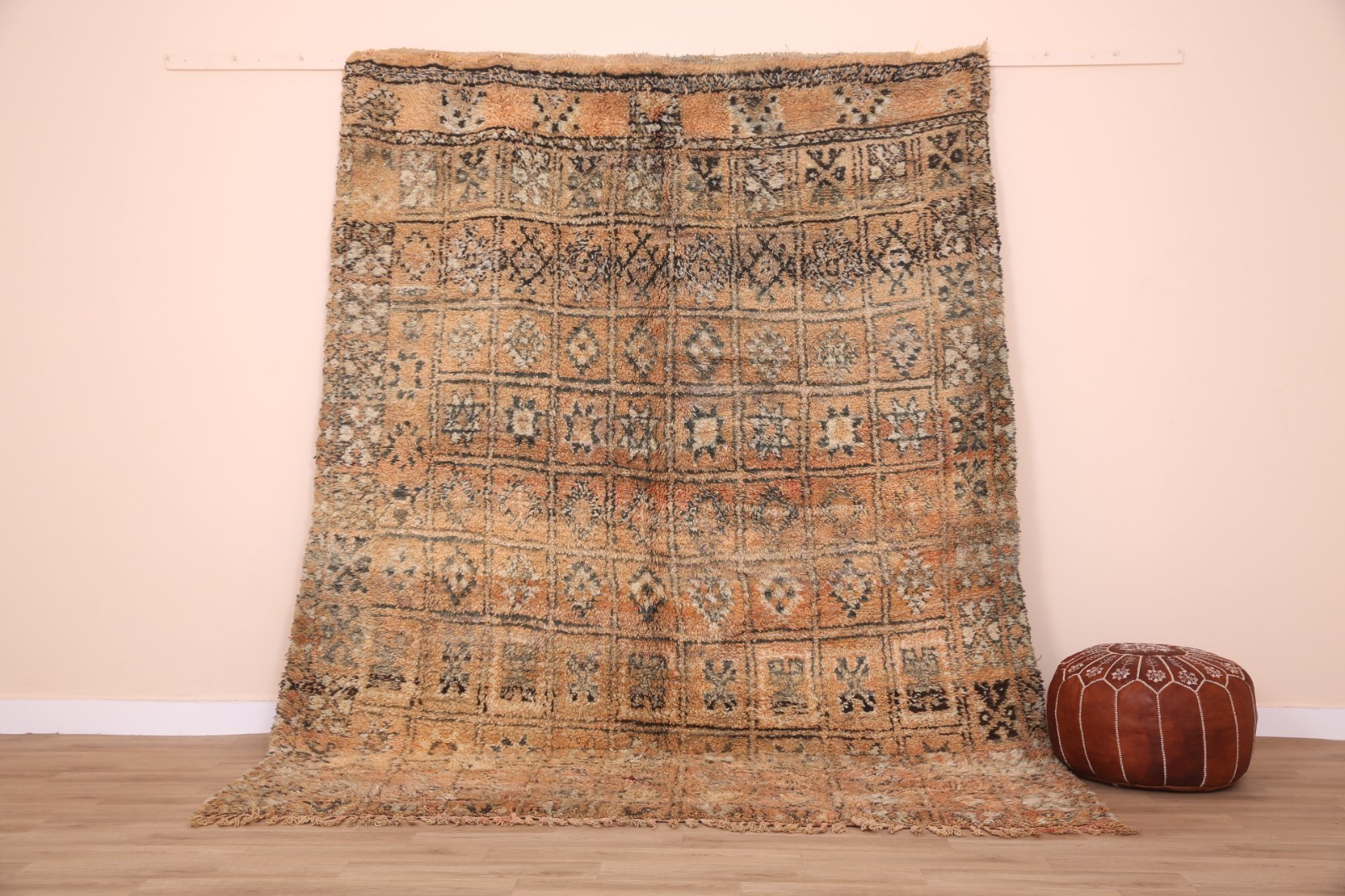Peach Vintage Moroccan Wool Rug 6.8 x 8.8 ft, Berber Handmade Rug, Bohemian Rug
