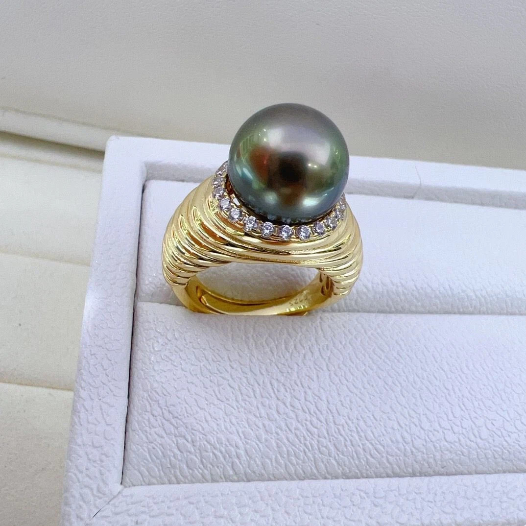 stunning 11-12 mm tahitian round black green pearl ring 925s