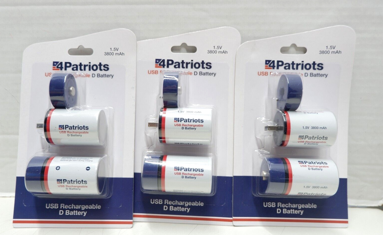 LOT of 3 Packages as Shown - 4Patriots USB Rechargeable D Batteries (6 total)