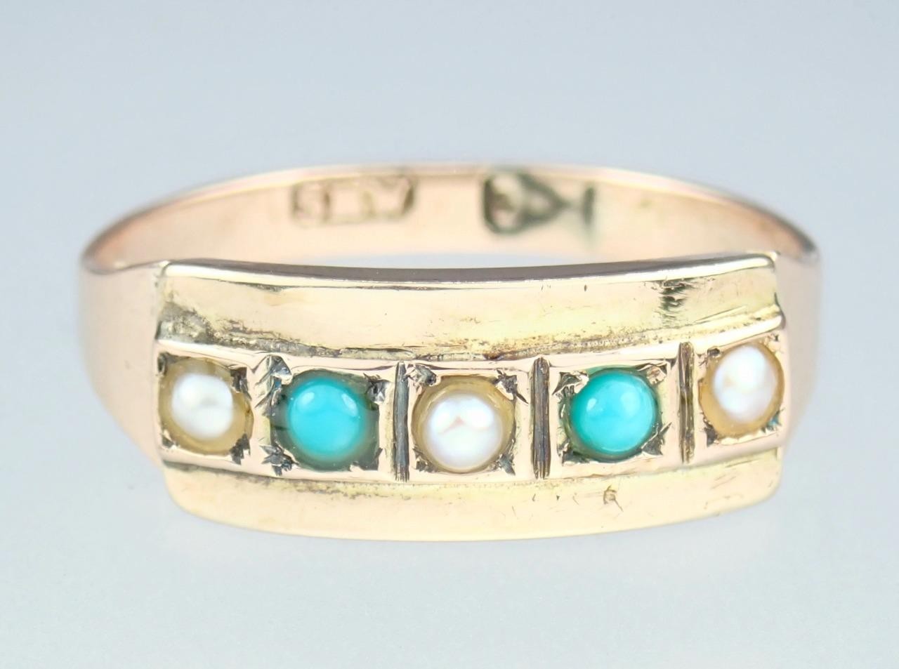 Pretty Antique Victorian Solid 9K Gold Pearl Turquoise Cabochon Ring 1880 S 5.5