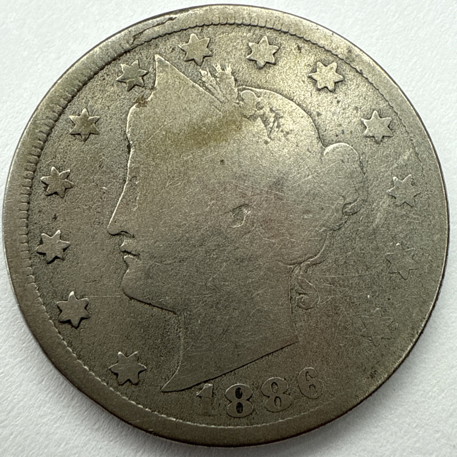 1886 Liberty V Nickel Semi Key Date Reverse Scratches Exact Coin Imaged #VN1110