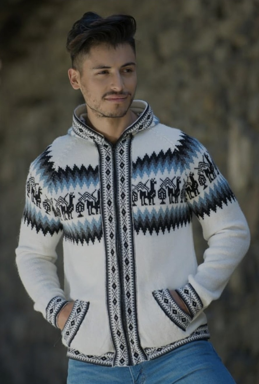 Gamboa Alpaca Hooded Jacket Sweater Blue White Handmade in Peru Size XL NEW Gamboa Alpaca Hooded Jacket Sweater Blue White Handmade in Peru Size XL NEW