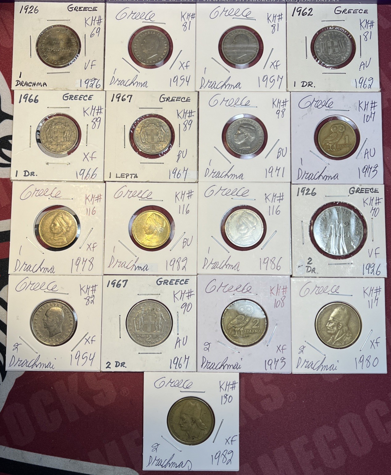 1926 - 1986 Greece 1 & 2 Drachmas VF - BU Condition 17 Coin Lot