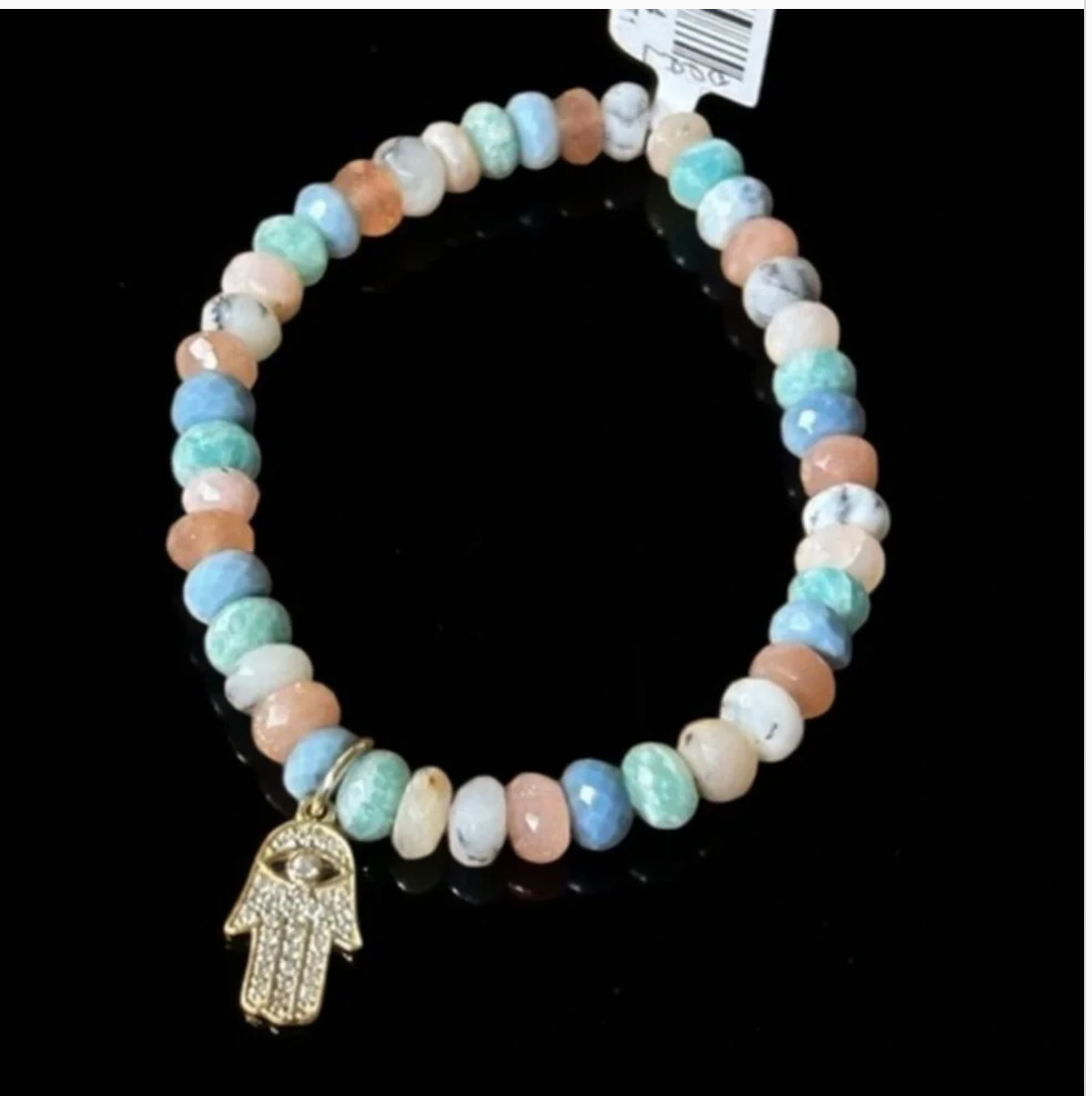 Rarities Carol Brodie Multi Gemstone Bead Bracelet with Hamsa Charm S-M Nwt