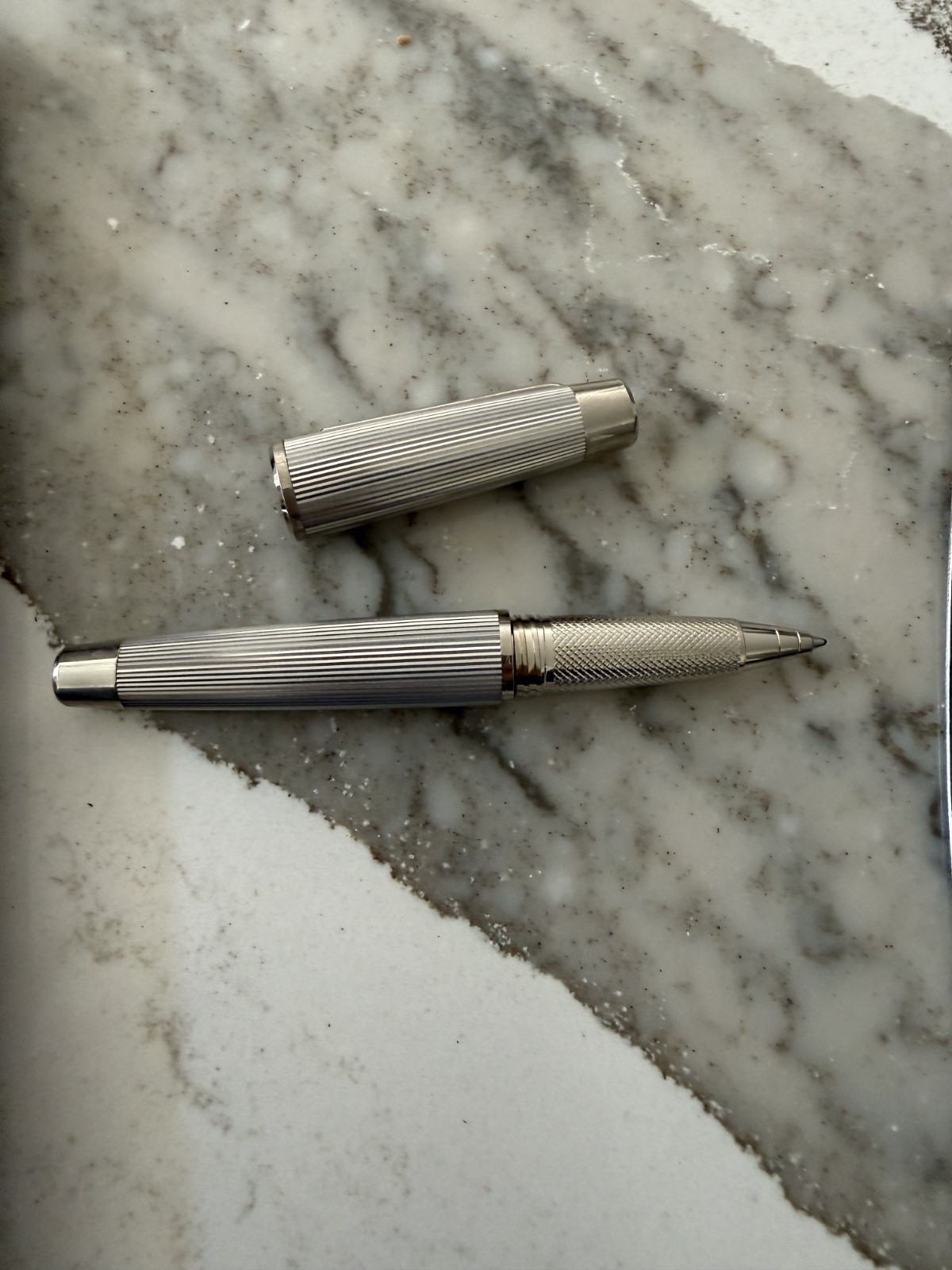 Breitling Silver Fluted Ballpoint Pen w/ Black Leather Logo Pouch Watch Collecti
