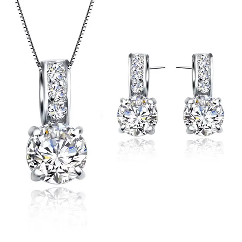 925 Sterling Silver Color Bridal Jewelry Set Classic Cubic Zircon Crystal Pendan