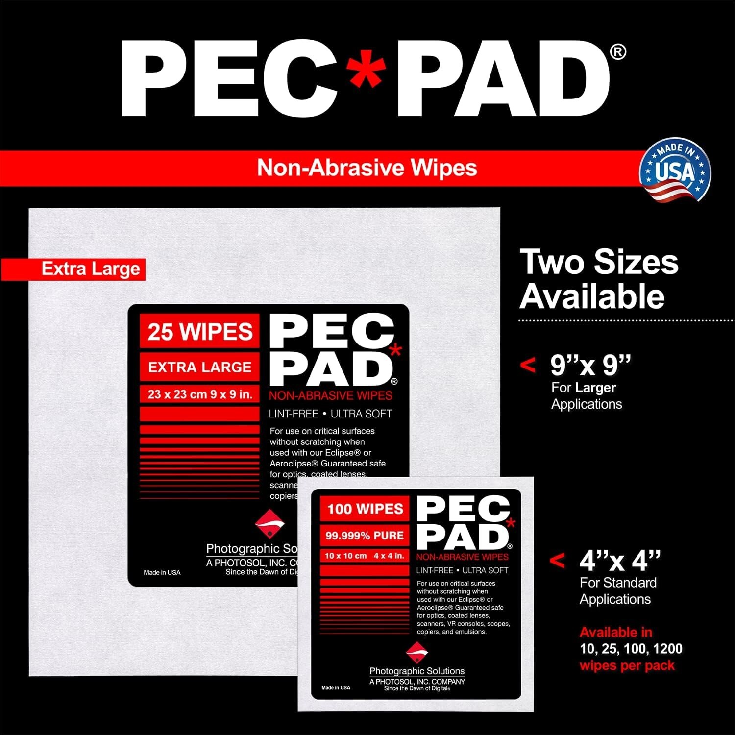 2 PK PEC-PAD Non-Abrasive Lint Free Wipes 4”x4” (100 Sheets) & 9”x9” (25 Sheets)