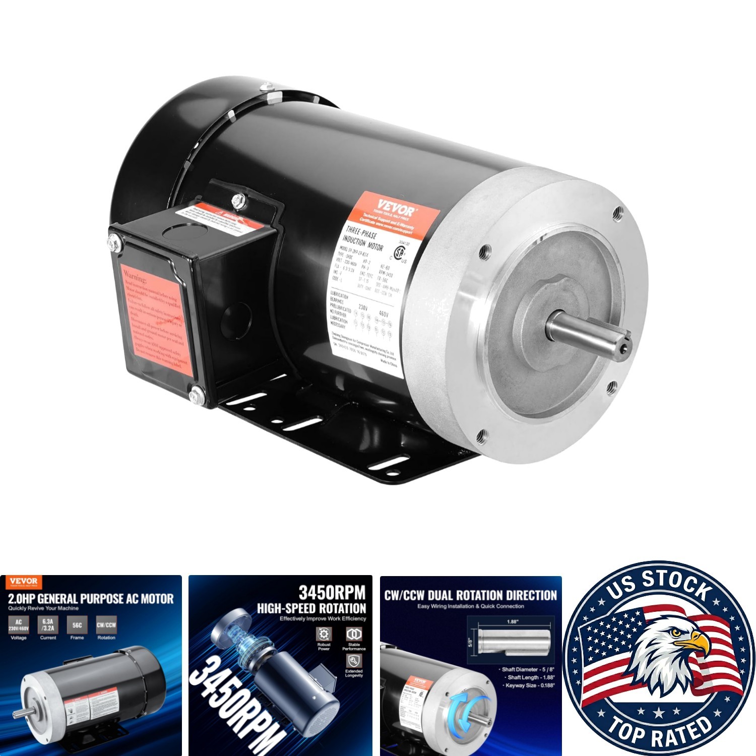Universal 2HP Electric Motor 230V/460V, Reversible for DIY and Equipment Needs
