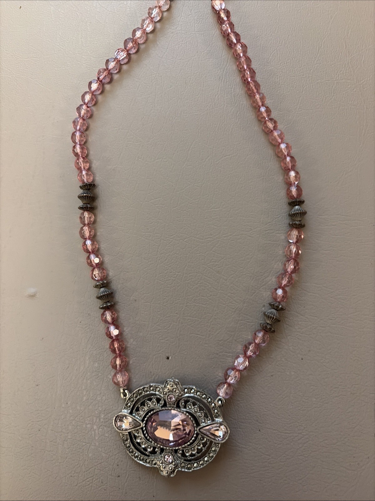 Vintage 1928 Jewelry Co. Pink Crystal Beaded Necklace Ornate Filigree Pendant