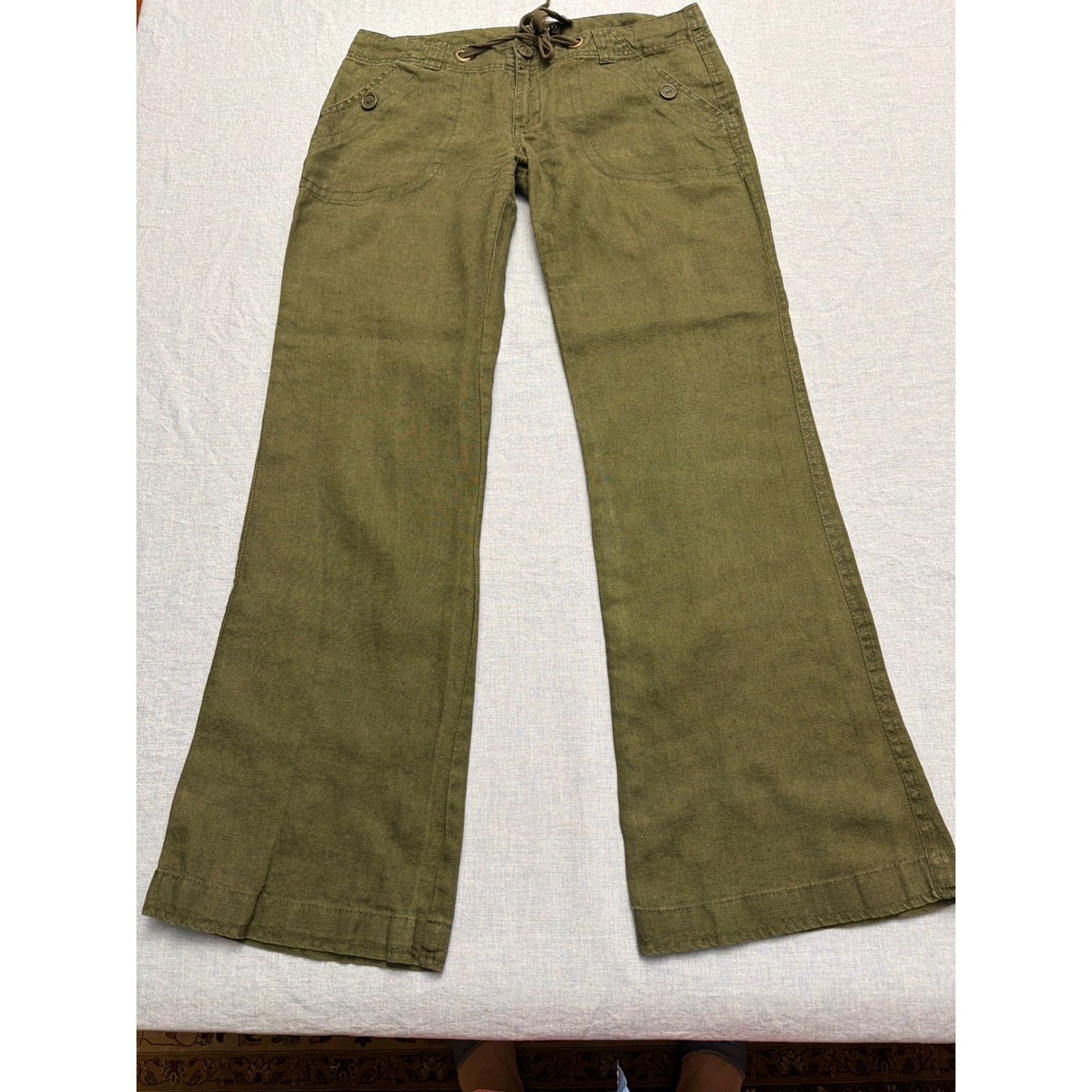 Sanctuary Clothing Olive Green 100% Linen Wide Leg Drawstring Pants Size 6