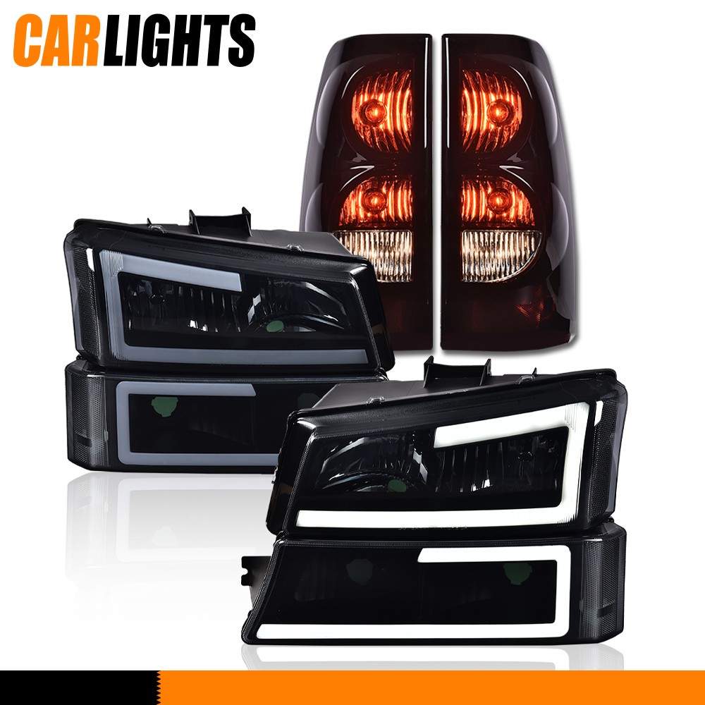 Fit For 2003-2007 Chevy Silverado LED DRL Bumper Headlights & Smoke Tail Lights