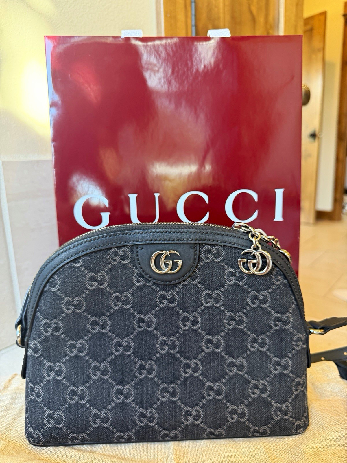 Gucci GG Monogram Dome Crossbody Bag Black w/ Adjustable Strap & Dust Bag