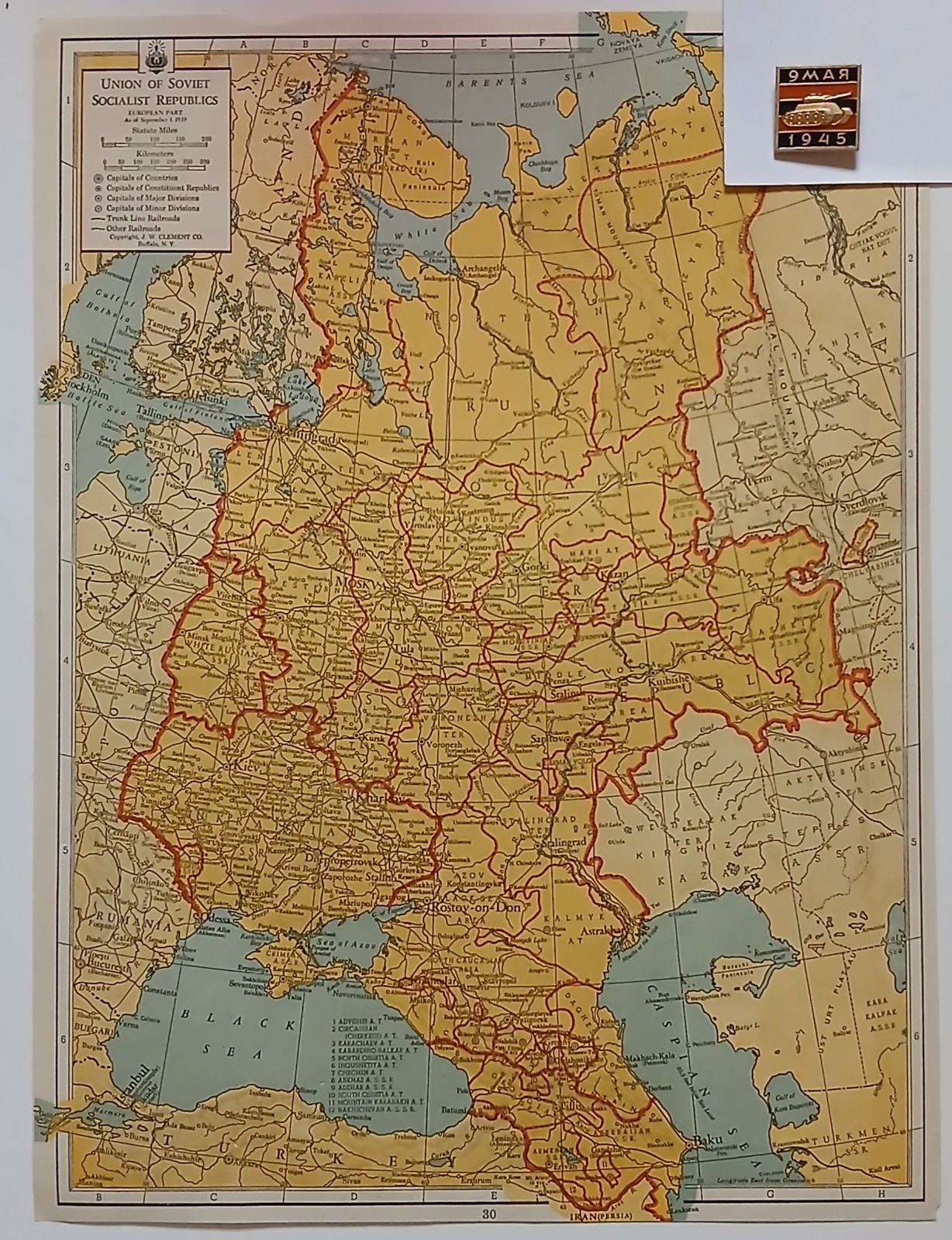 WWII Era 1943 Map Of Stalins Soviet Union W/ 1945 WWII Pin WWII Era 1943 Map Of Stalins Soviet Union W/ 1945 WWII Pin