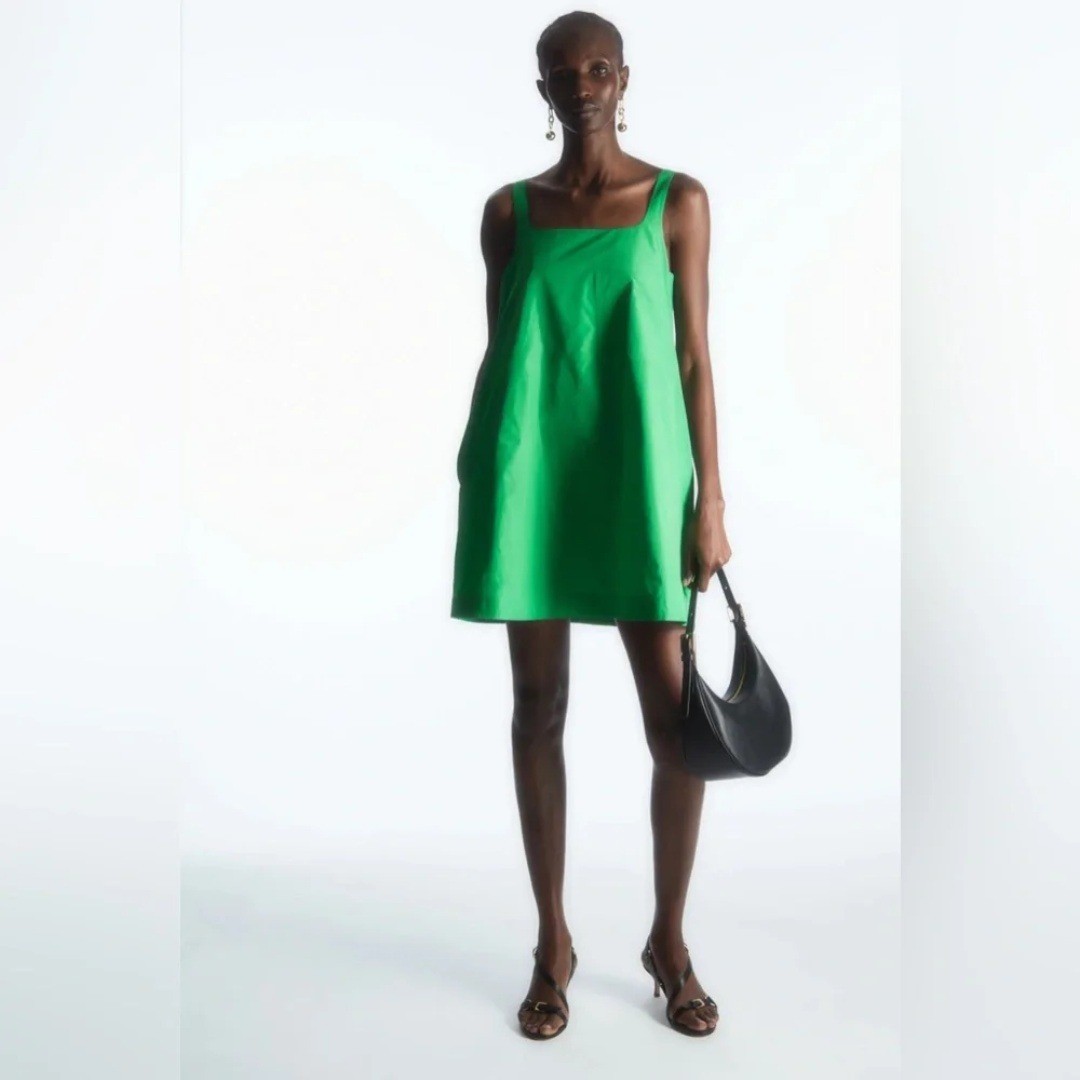COS | Contrast Panel Cotton Blend A-Line Mini Dress in Bright Green