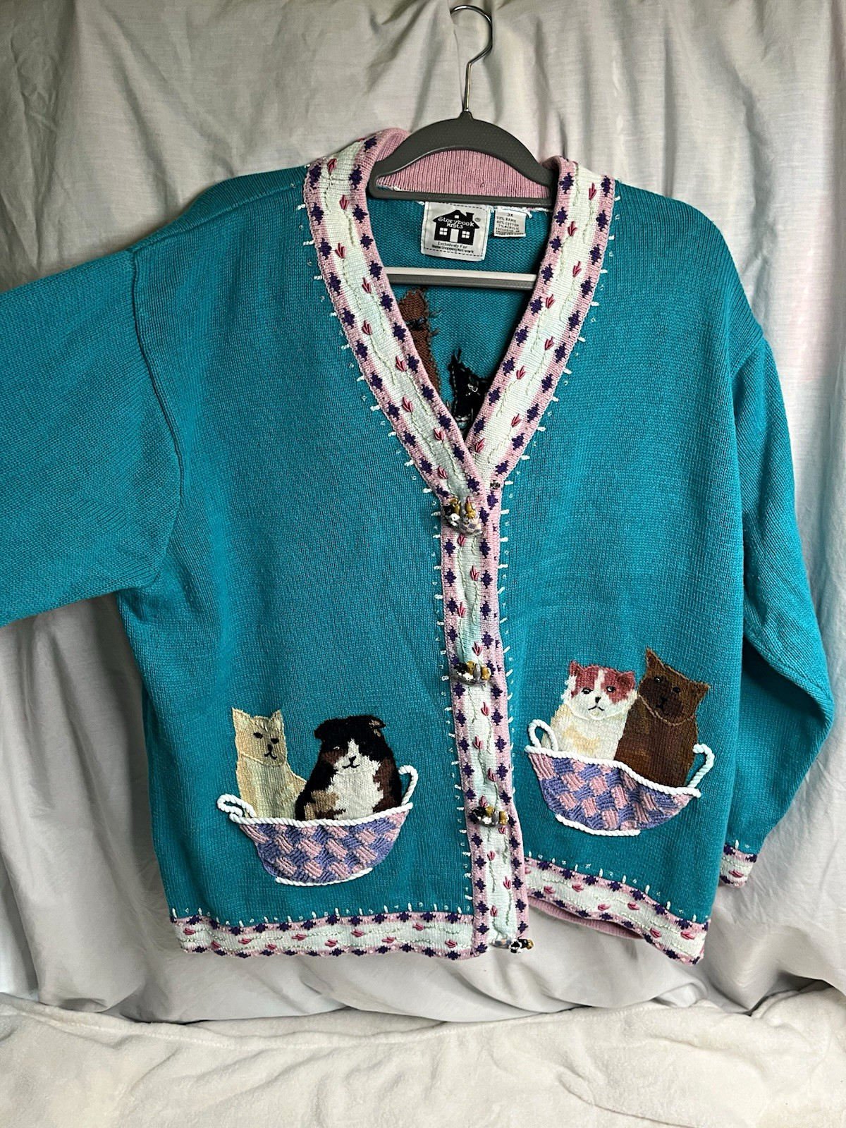 Storybook Knits Women’s Teal Cat Embroidered Beaded Appliqué Cardigan Storybook Knits Women’s Teal Cat Embroidered Beaded Appliqué Cardigan