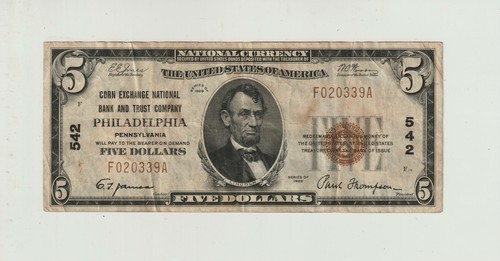 1929 National Currency $5 US Bank Note Corn Exchange National Bank Philadelphia