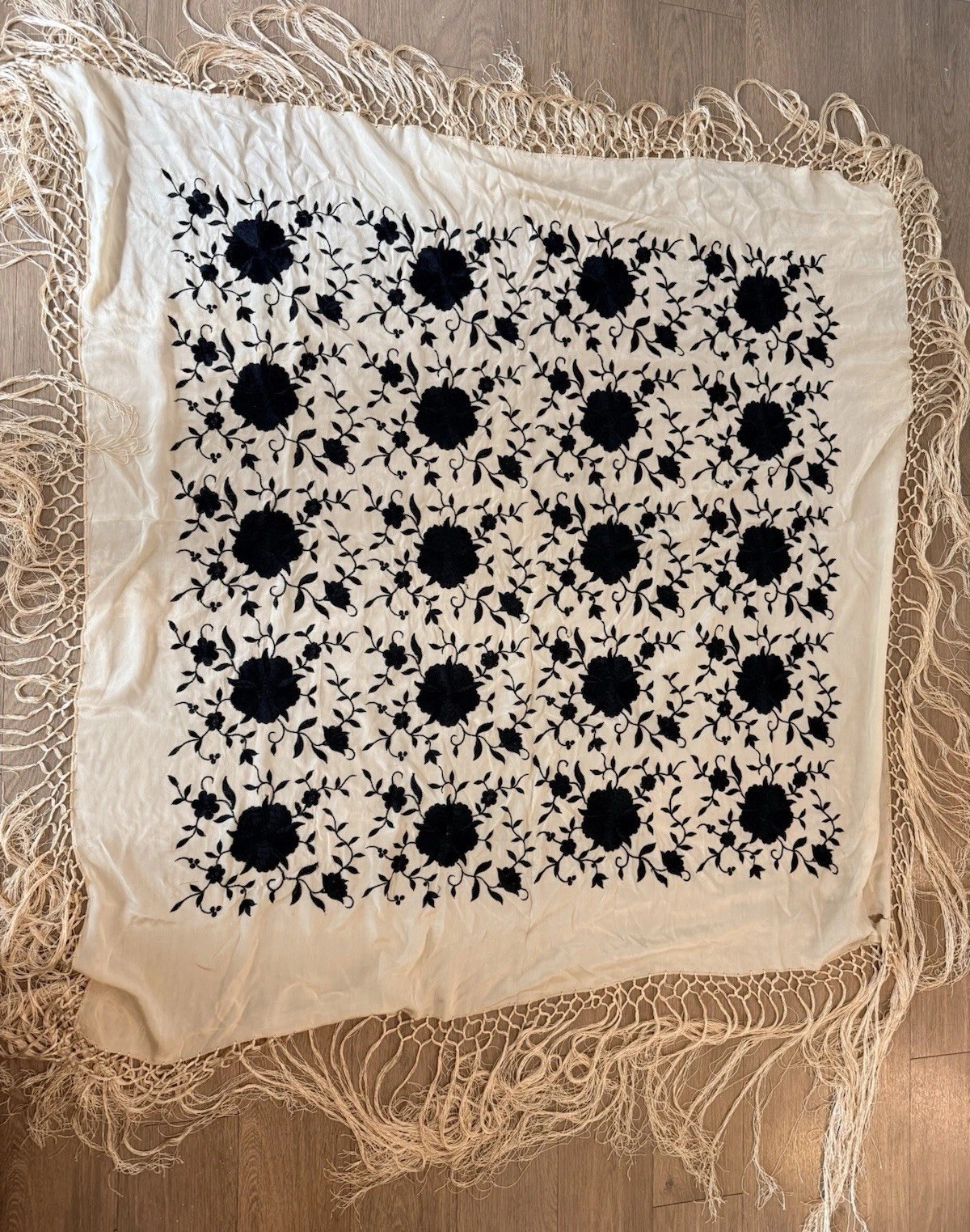 Antique 1920s Silk Piano Shawl Ivory Black Floral Embroidered Canton Fringe 