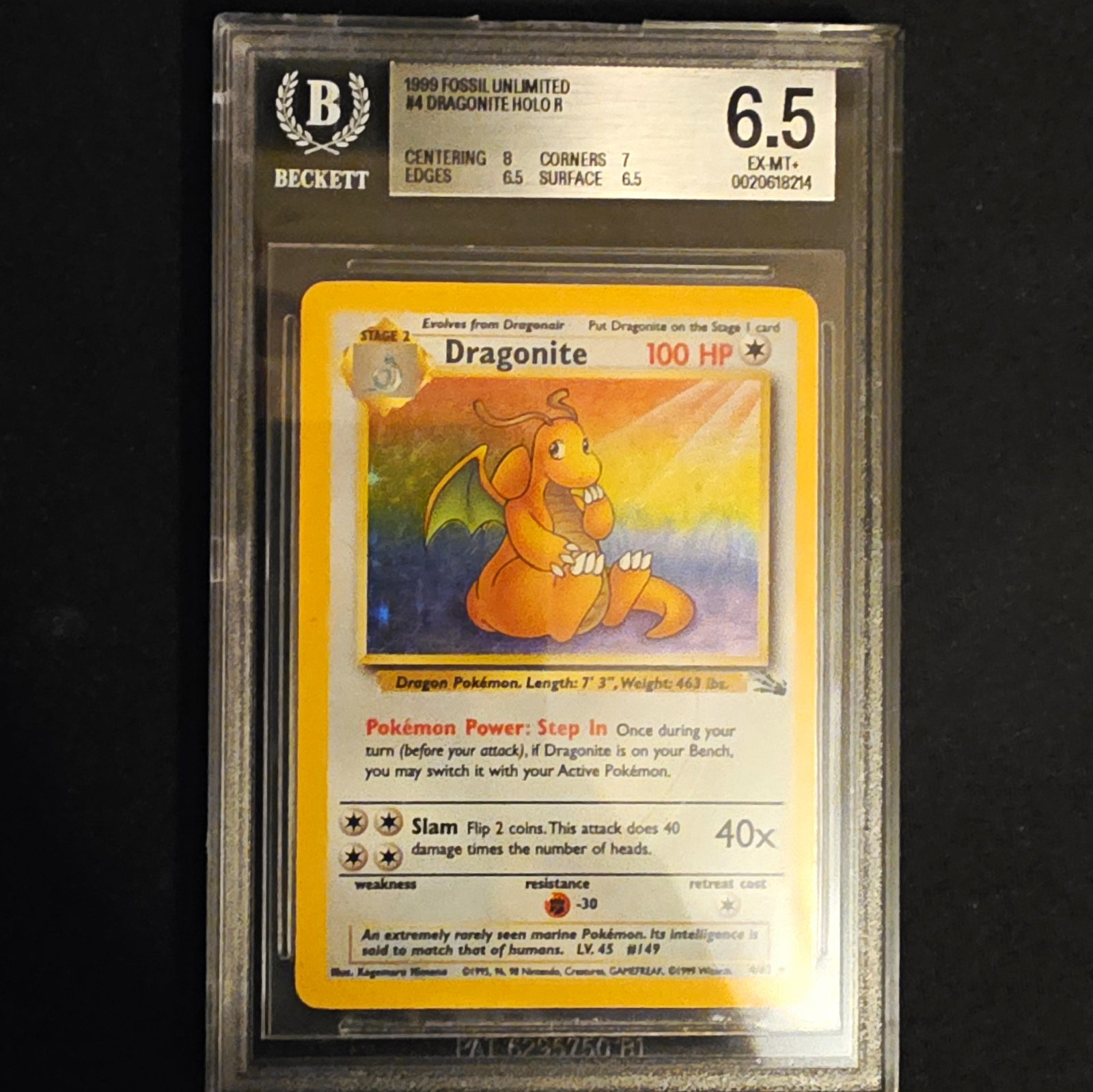 1999 Fossil Unlimited Dragonite Holo R #4/62 Beckett 6.5 EX MT+