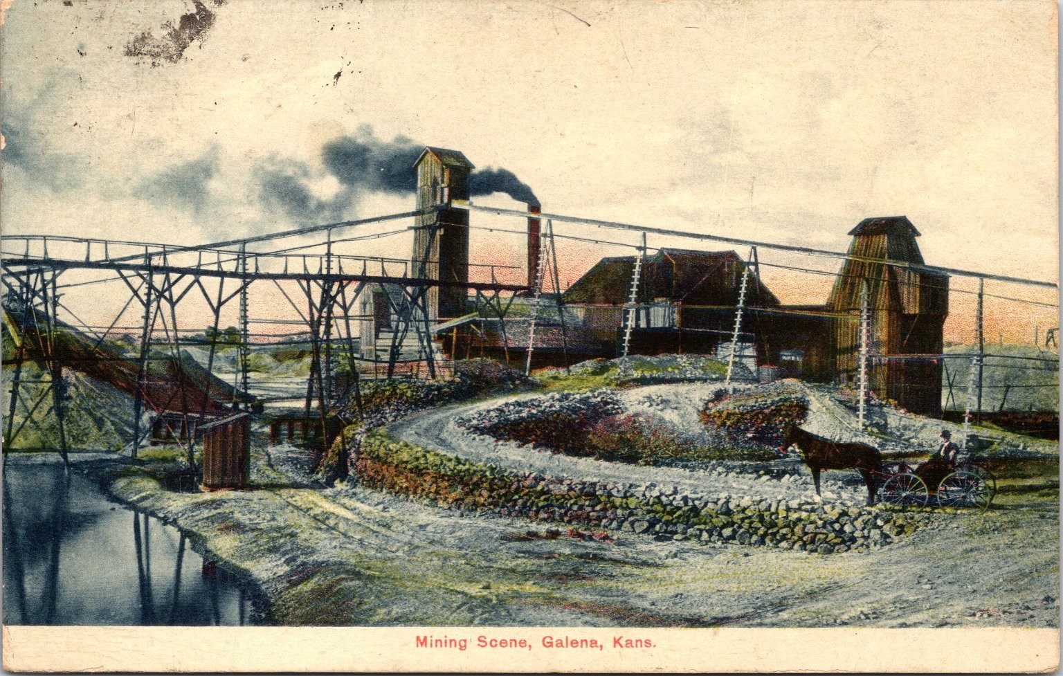 c1910s Galena Kansas Mining Scene Antique Postcard Man Horse Cart, Smoke Stack