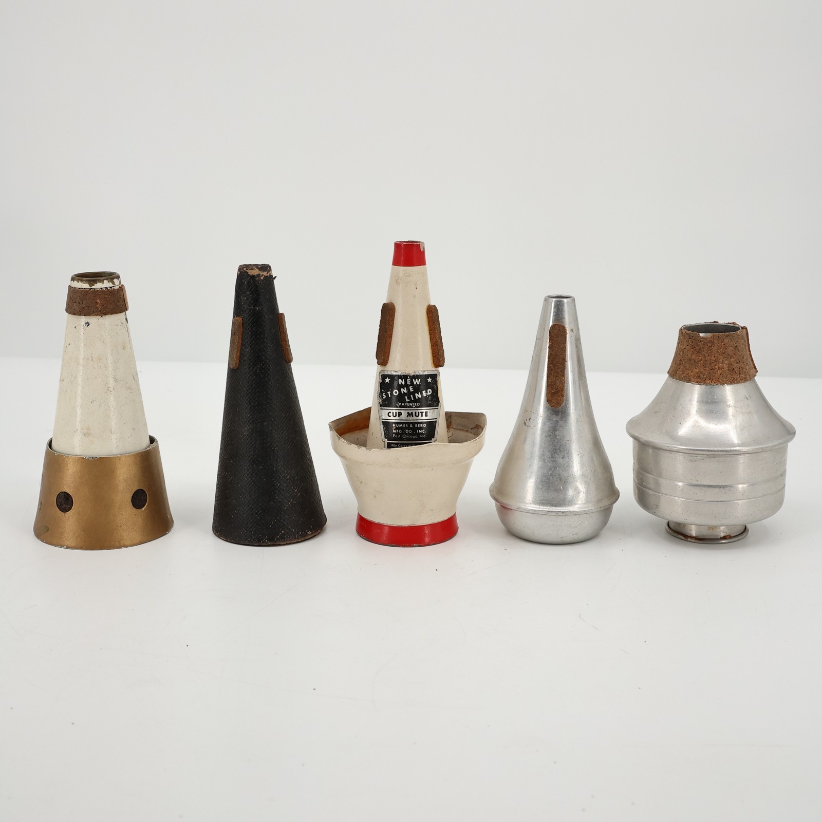 Lot of 5 Vintage Humes & Berg Stone Lined Brass Instrument Mute Collection Lot of 5 Vintage Humes & Berg Stone Lined Brass Instrument Mute Collection